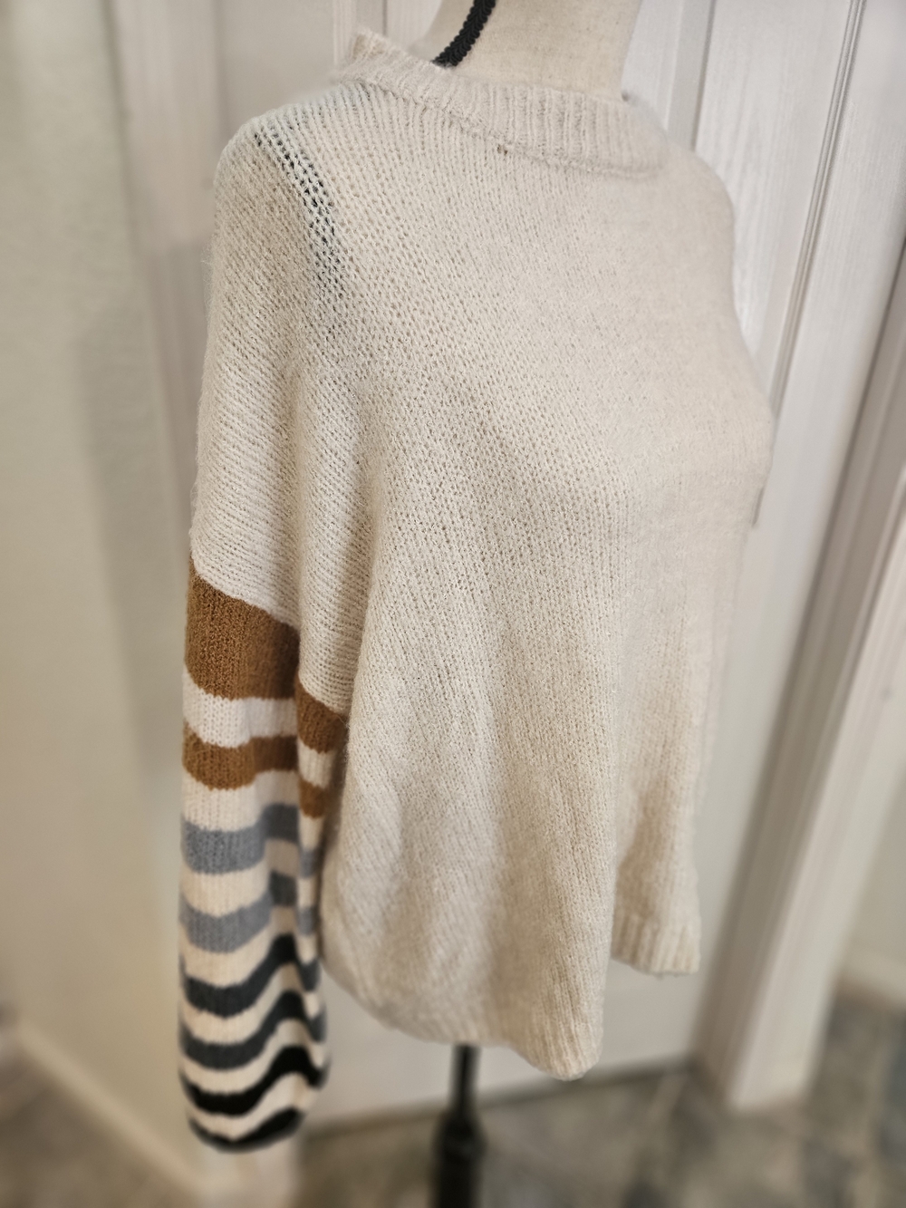 Pink Lily Cream Striped Sleeve Knit Sweater